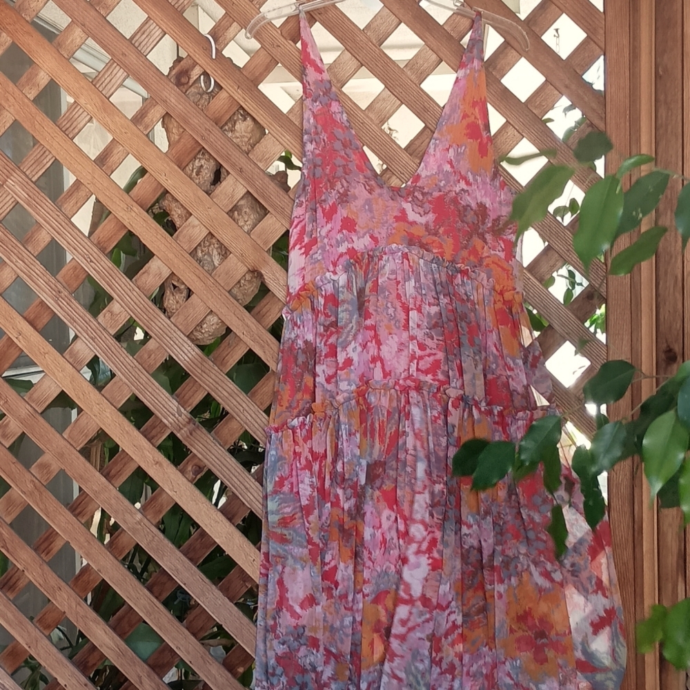 Free People Julianna Abstract Print Crinkle Chiffon Lingerie Strap Maxi Dress Sm